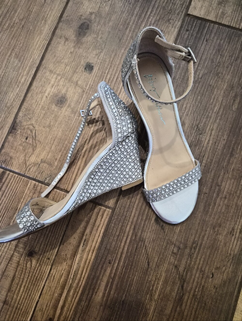 Blue by Betsey Johnson Silver Crystal Wedge Sandals with Ankle Strap